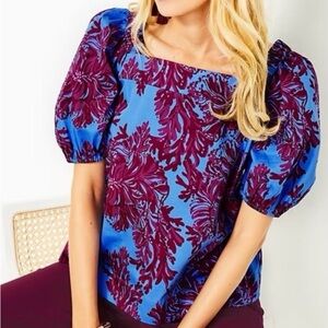 Lilly Pulitzer Pink and Red Puff Sleeve Ruffled Blouse Tiessa top sz 10 L